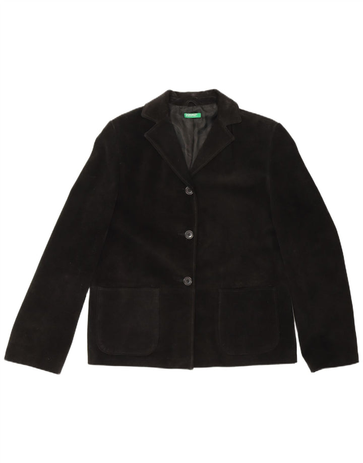 Giacca blazer da donna in pelle scamosciata a 3 bottoni BENETTON IT 44 media in pelle nera