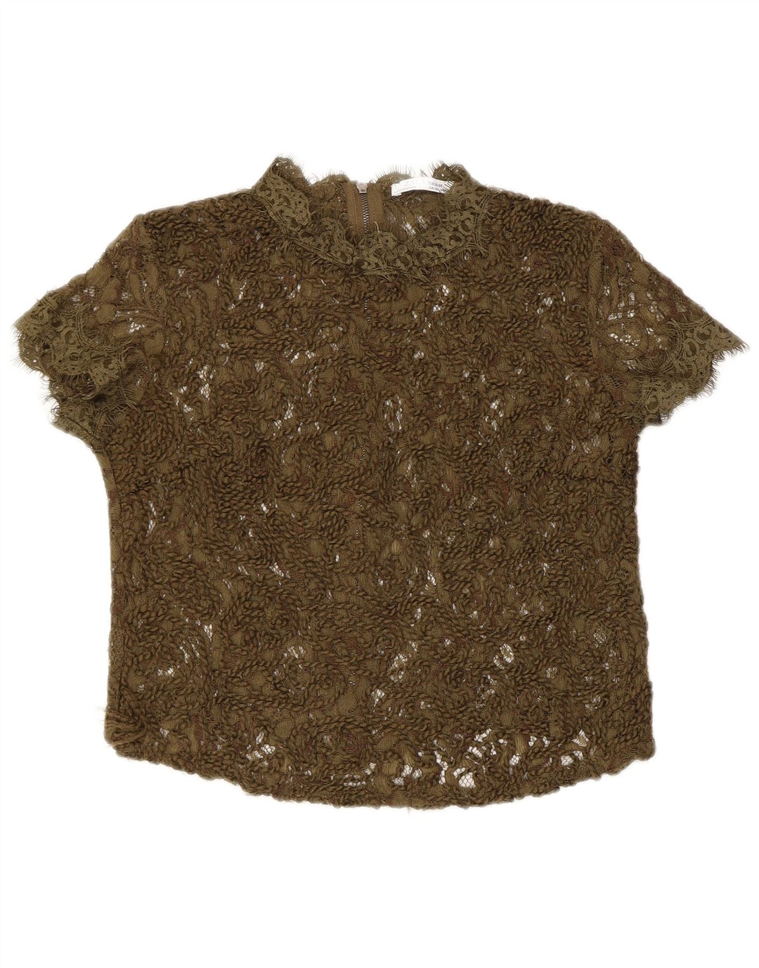 Top Zara da donna in camicetta trasparente in pizzo UK 8 piccolo kaki