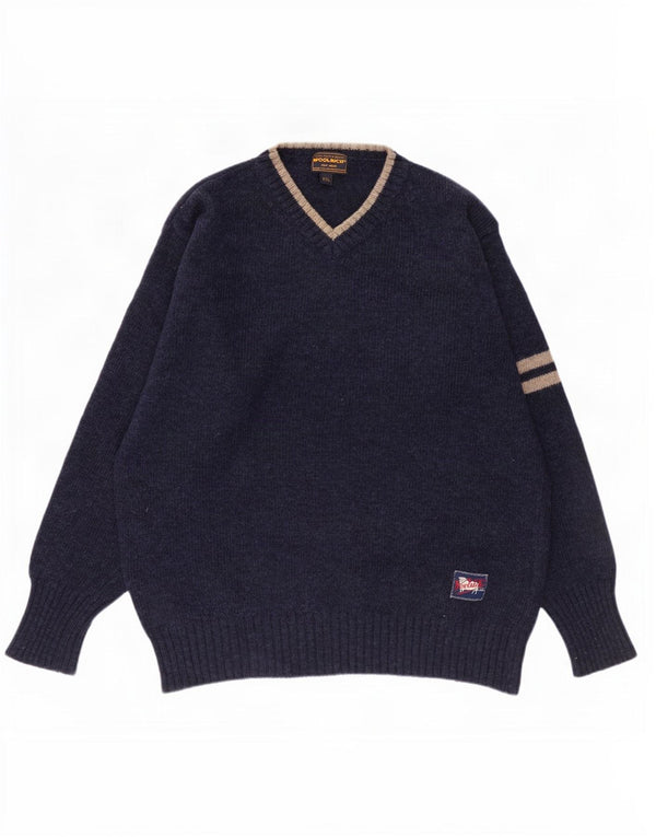 Maglione maglione con scollo a V da uomo Woolrich 2XL Lana a righe blu navy