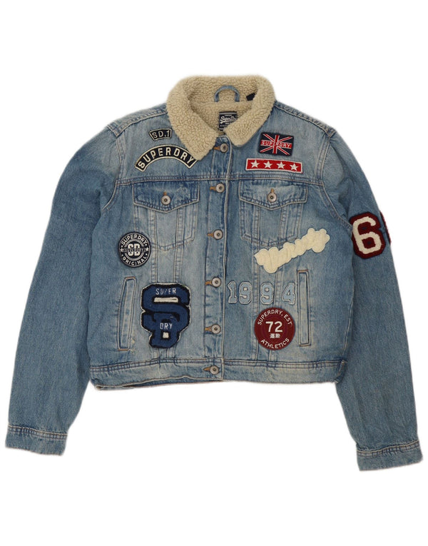 Giacca da donna in sherpa di jeans con grafica corta Superdry UK 16 grande cotone blu