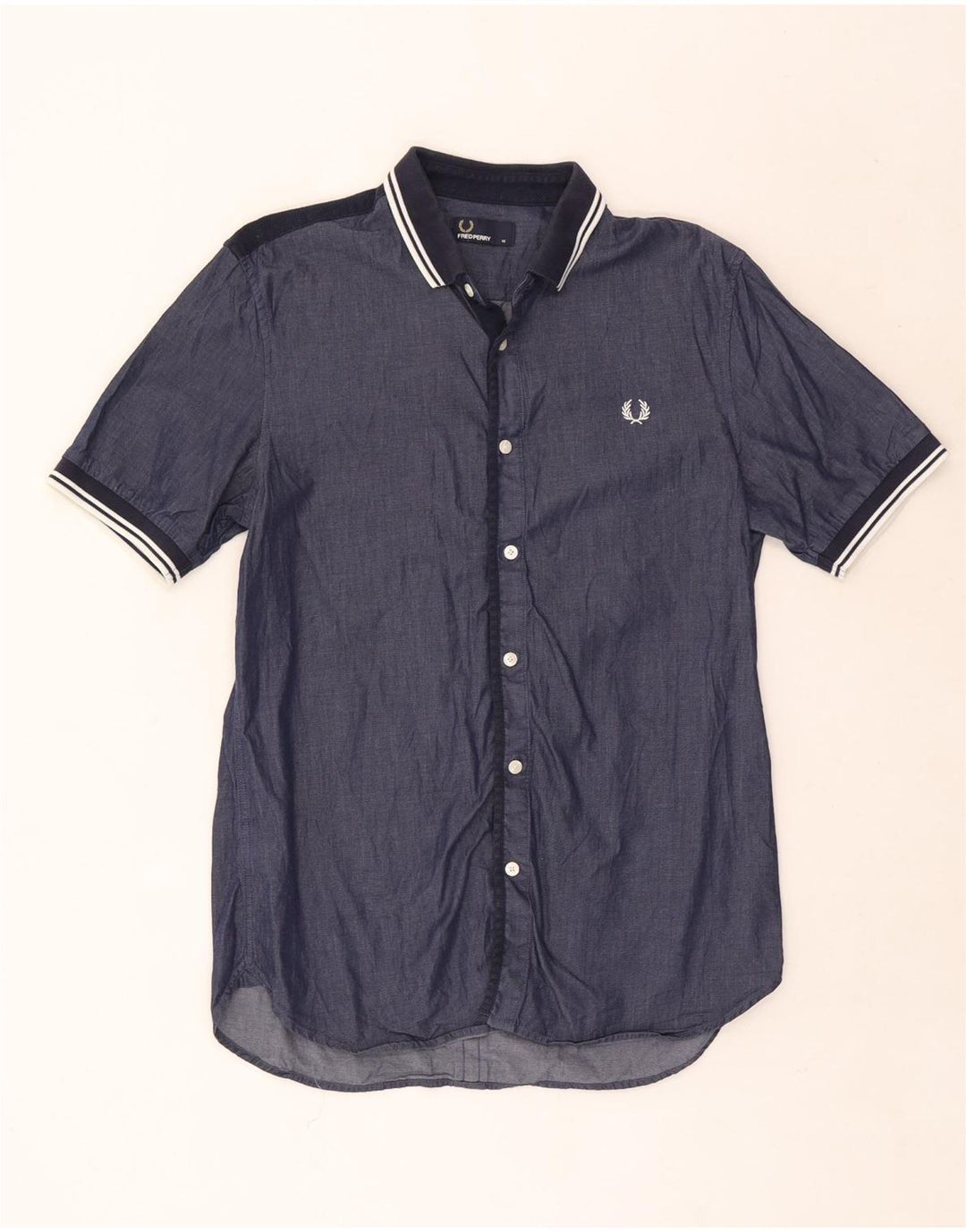 Camicia a maniche corte da uomo Fred Perry in cotone a righe blu navy medio