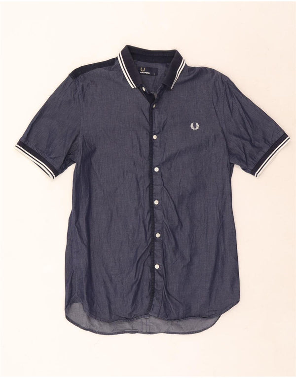 Camicia a maniche corte da uomo Fred Perry in cotone a righe blu navy medio