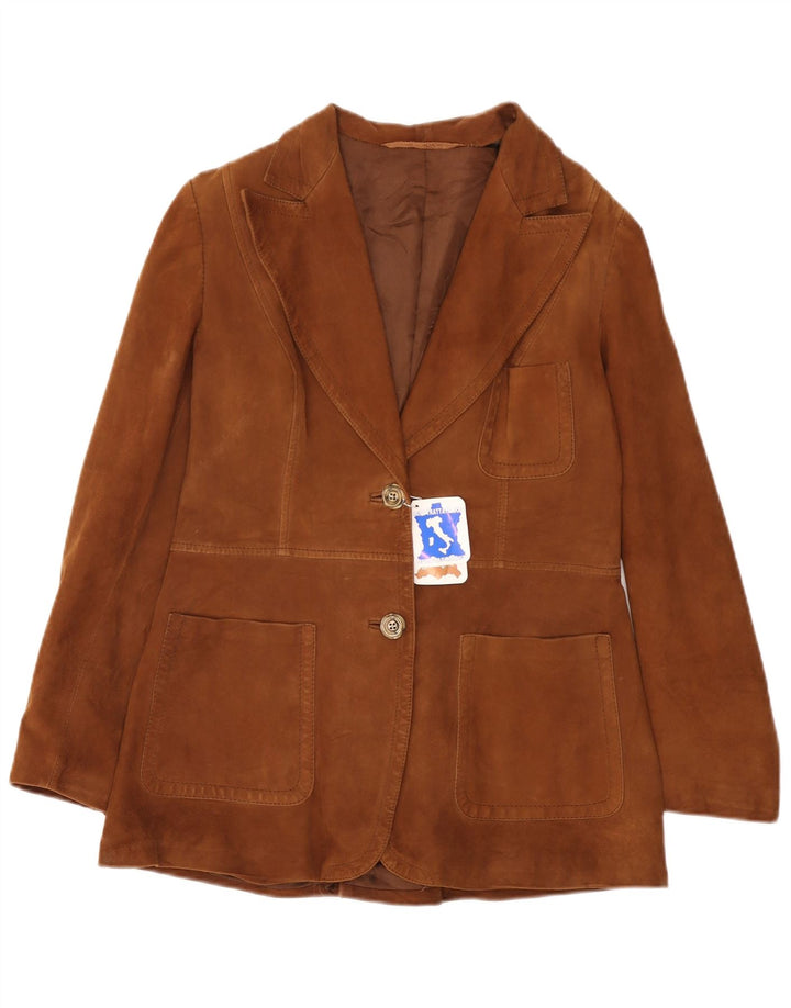 Giacca blazer vintage da donna in pelle scamosciata a 2 bottoni UK 12 in pelle marrone medio