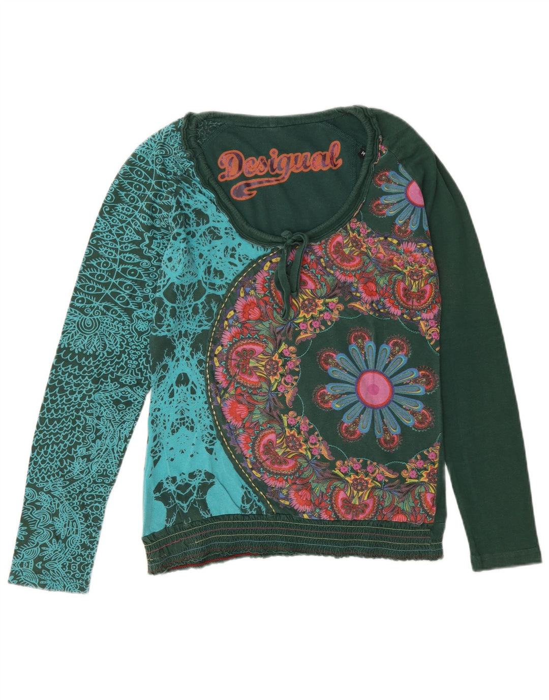 Desigual Donna Graphic Top Manica Lunga UK 14 Verde Medio Floreale