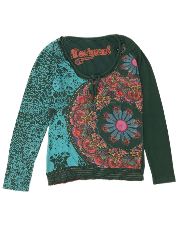 Desigual Donna Graphic Top Manica Lunga UK 14 Verde Medio Floreale