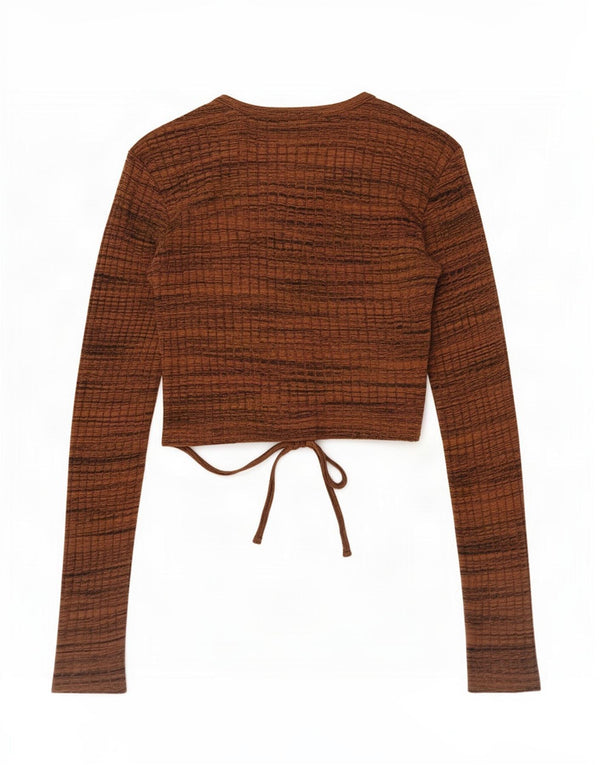 Zara Womens Crop Long Sleeve Blouse Top UK 8 Small Brown Striped Cotton