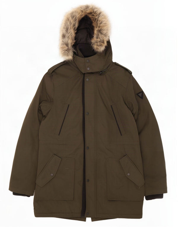 Giubbotto parka militare da uomo Guess con cappuccio UK 40 grande poliestere kaki