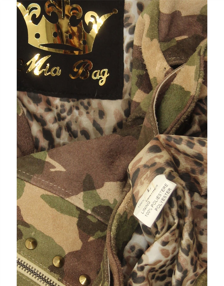 Giacca da motociclista in pelle scamosciata vintage da donna UK 16 grande pelle mimetica verde