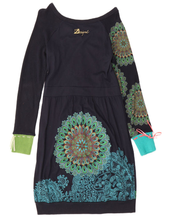 Desigual Abito a maniche lunghe da donna a maniche lunghe UK 14 Grande motivo cachemire blu navy