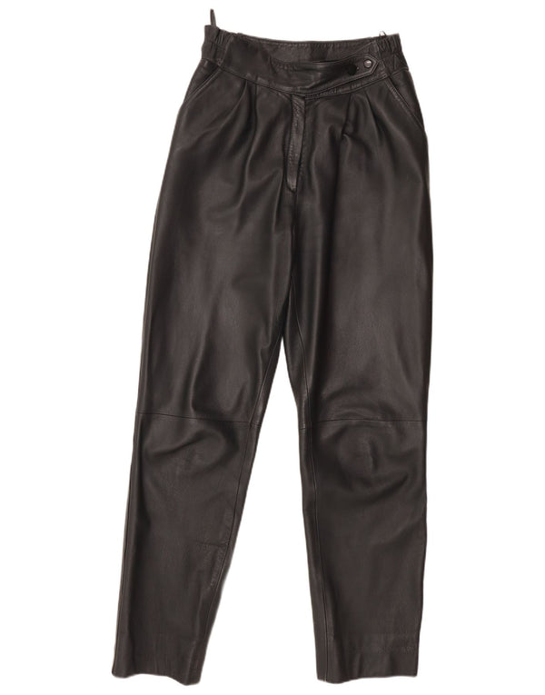 Pantaloni vintage da donna in pelle con ancoraggi IT 40 piccoli W26 L29 in pelle nera