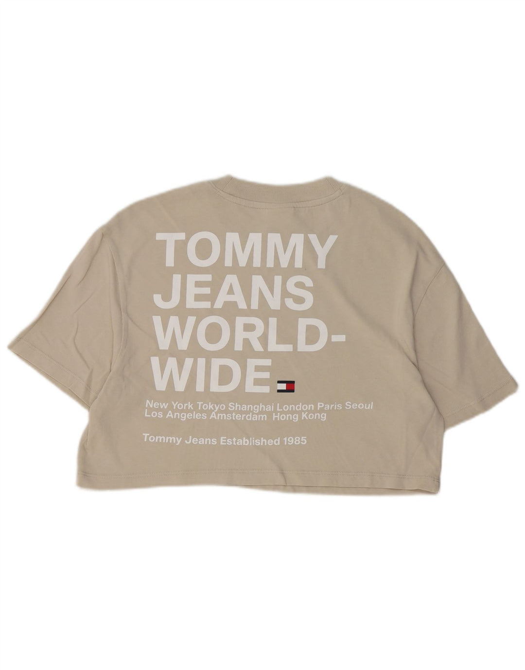 TOMMY HILFIGER T-shirt corta con grafica oversize da donna UK 10 piccola Beige