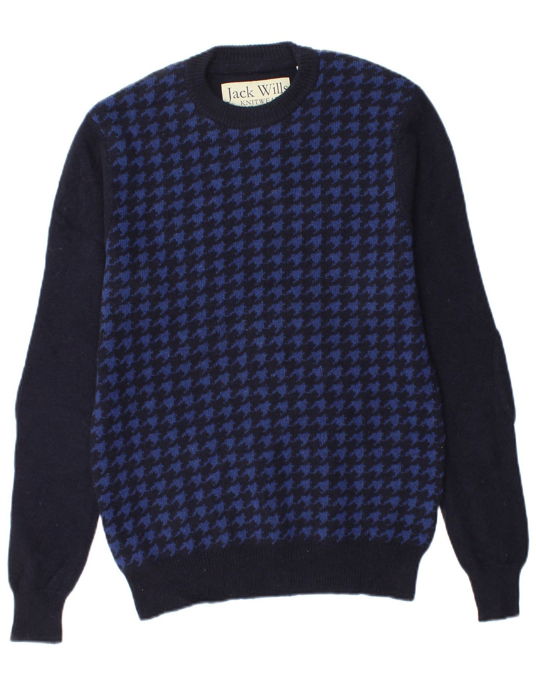 JACK WILLS Mens Crew Neck Jumper Sweater Small Navy Blue Houndstooth