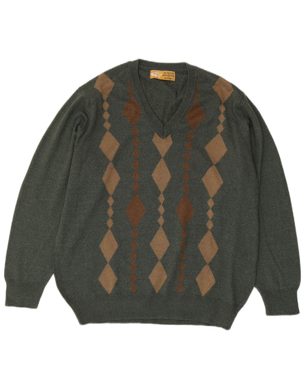 Maglione vintage da donna con scollo a V XL Lana merino kaki Argyle/Diamond
