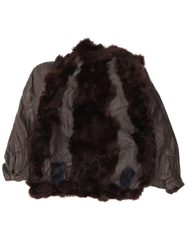 Giacca in pelle da donna vintage con pelliccia UK 14 media nera