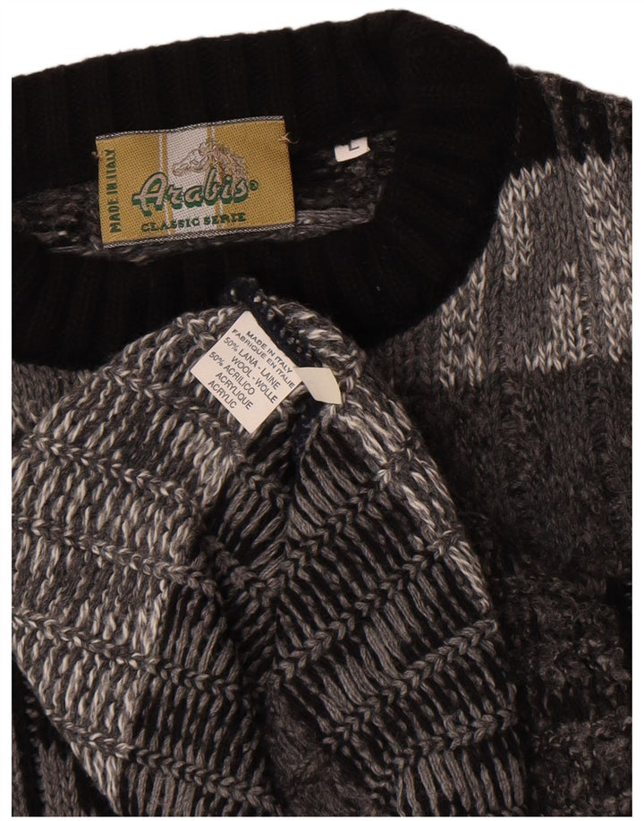 Maglione girocollo da uomo vintage in lana Chevron grigia grande