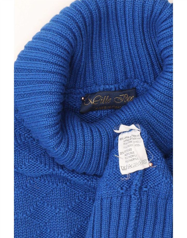 Maglione maglione vintage da donna con collo alto UK 14 lana blu medio