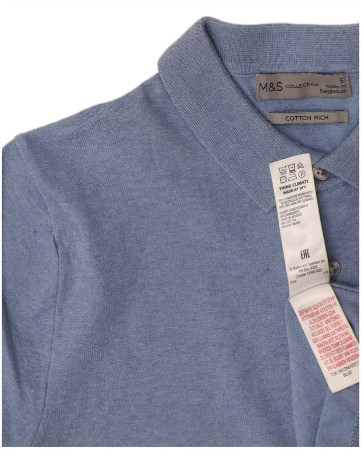 MARKS & SPENCER Mens Short Sleeve Polo Neck Jumper Sweater Small Blue