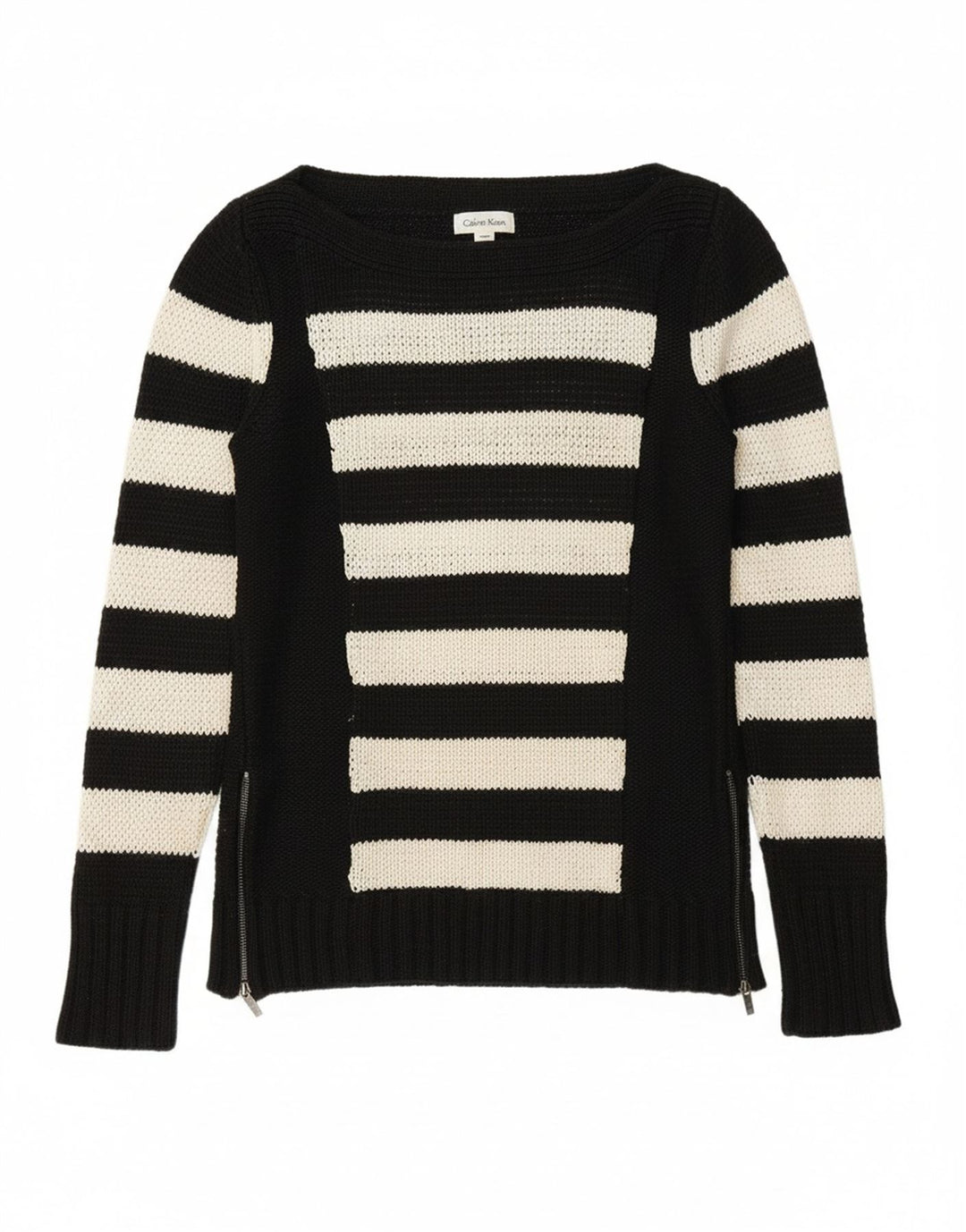 CALVIN KLEIN Womens Boat Neck Jumper Sweater UK 10 Small Black Striped
