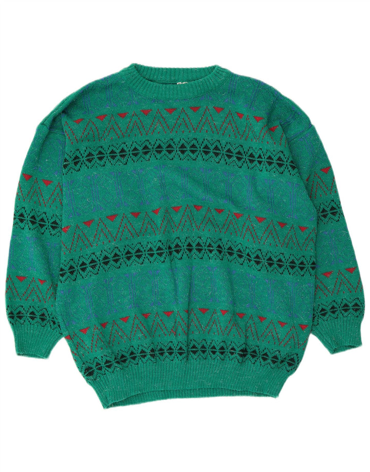 Maglione girocollo da uomo vintage in acrilico geometrico verde medio