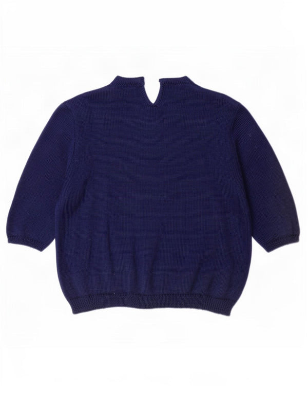 Maglione maglione girocollo con maniche a 3/4 vintage da donna UK 16 grande blu navy