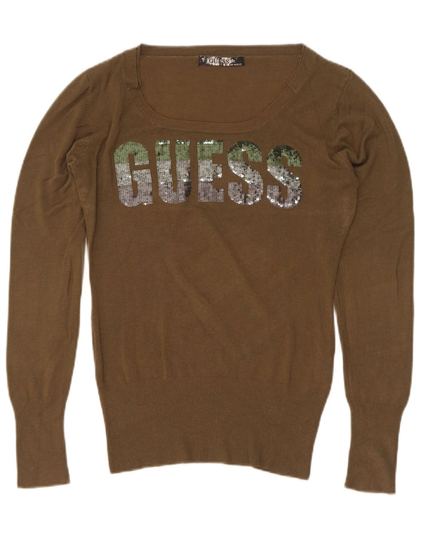 Guess maglione da donna con scollo a barca con grafica UK 14 grande viscosa kaki