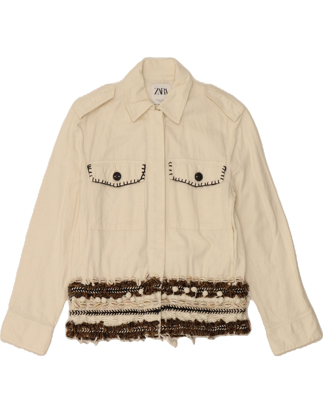 ZARA Womens Denim Jacket UK 6 XS Off White Striped Cotton Vintage Zara and Second-Hand Zara from Messina Hembry 