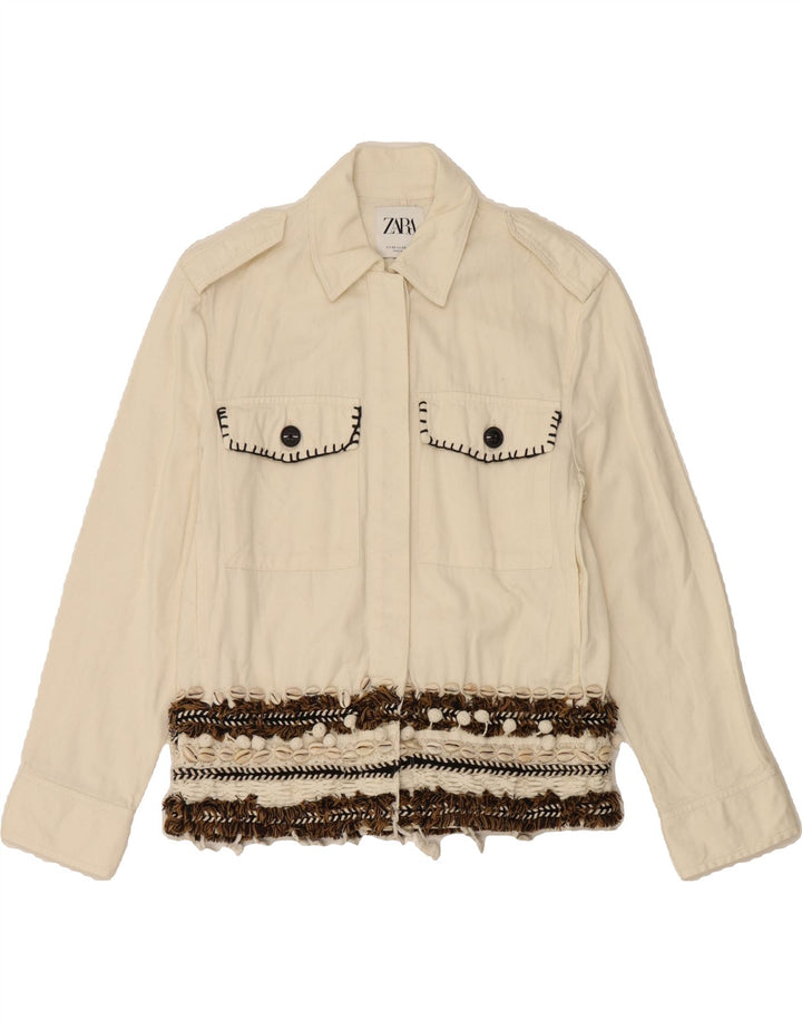 ZARA Womens Denim Jacket UK 6 XS Off White Striped Cotton Vintage Zara and Second-Hand Zara from Messina Hembry 