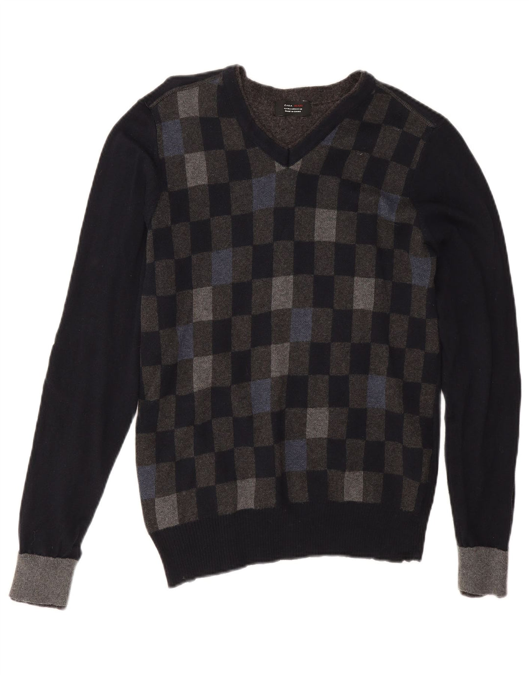 Maglione Zara da uomo con scollo a V in cotone geometrico nero medio