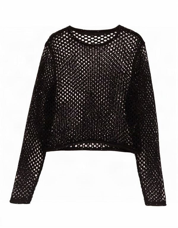 Top Zara da donna oversize a maniche lunghe all'uncinetto trasparente UK 10 piccolo nero