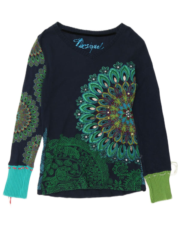 DESIGUAL Top grafico da donna a maniche lunghe UK 14 Grande blu navy floreale