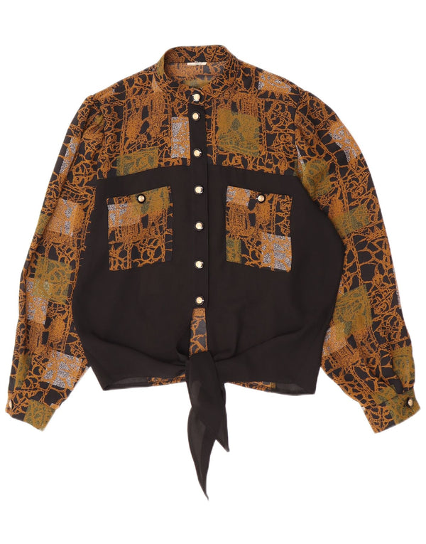 Camicetta vintage da donna con cravatta sul davanti UK 16 grande nera geometrica