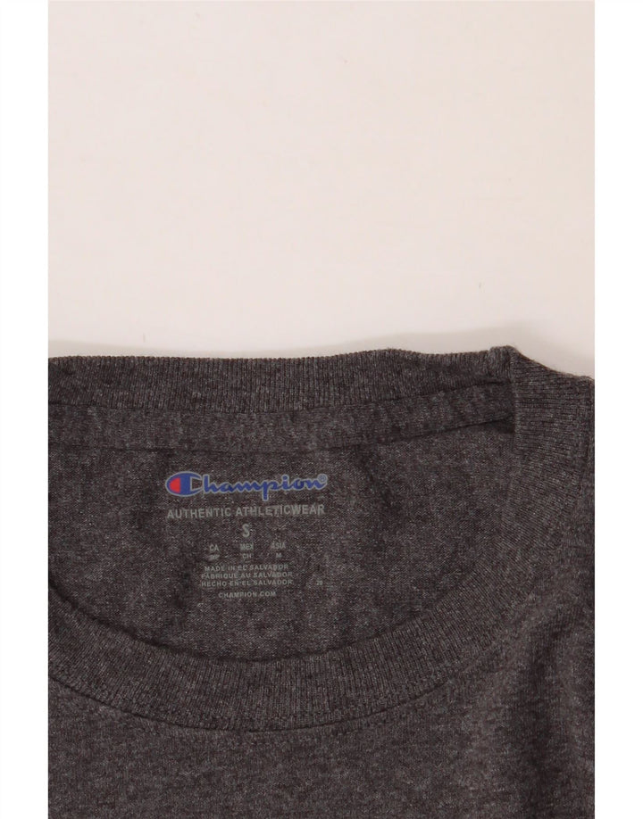 CHAMPION Mens Edgewood College Graphic Top Long Sleeve Small Grey Cotton Vintage Champion and Second-Hand Champion from Messina Hembry 