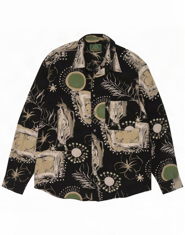 Camicia vintage da uomo con motivo grafico astratto grande in viscosa nera