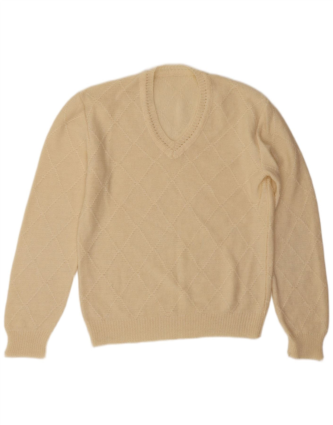 Maglione vintage da uomo con scollo a V, grande, bianco sporco, a rombi/diamante