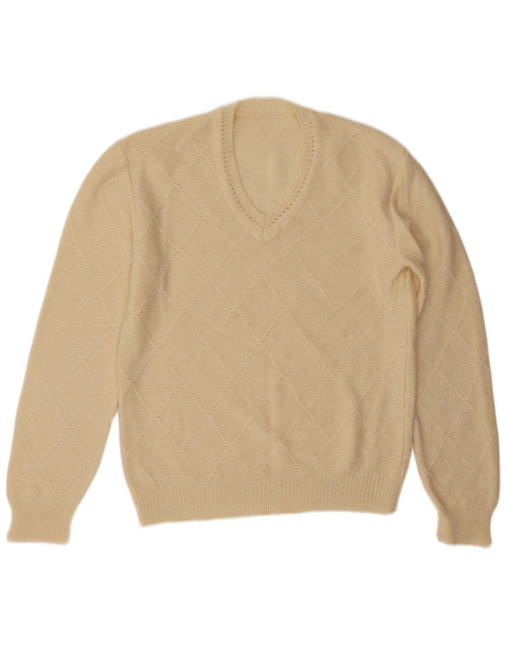 Maglione vintage da uomo con scollo a V, grande, bianco sporco, a rombi/diamante