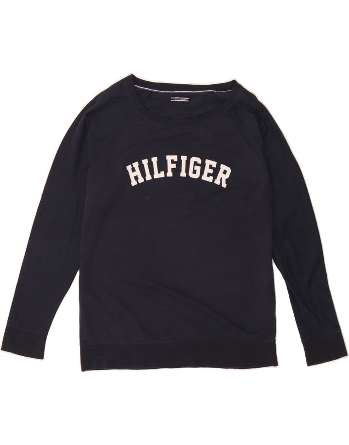 TOMMY HILFIGER Mens Graphic Sweatshirt Jumper Small Navy Blue Cotton Vintage Tommy Hilfiger and Second-Hand Tommy Hilfiger from Messina Hembry 
