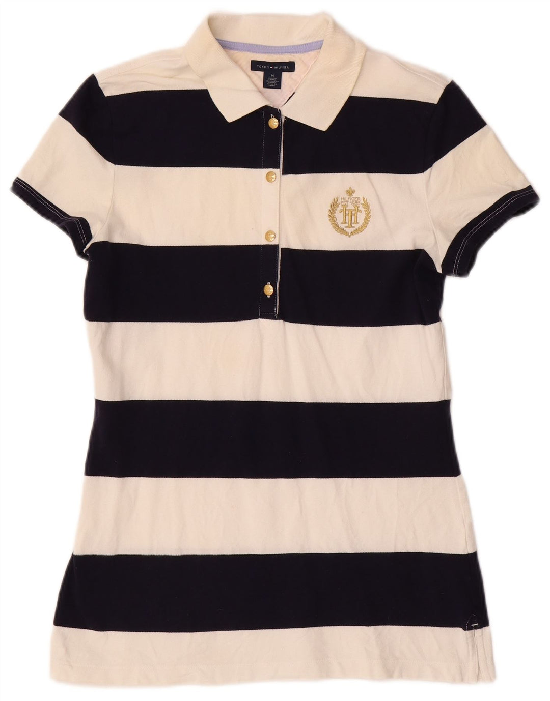 TOMMY HILFIGER Polo da donna UK 12 cotone a righe bianco sporco medio