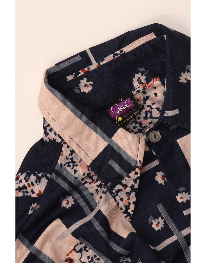 Camicetta camicia vintage da donna UK 14 Patchwork blu navy medio