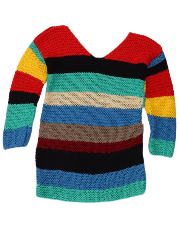 Maglione vintage da donna con scollo a V UK 12 a righe multicolori medie