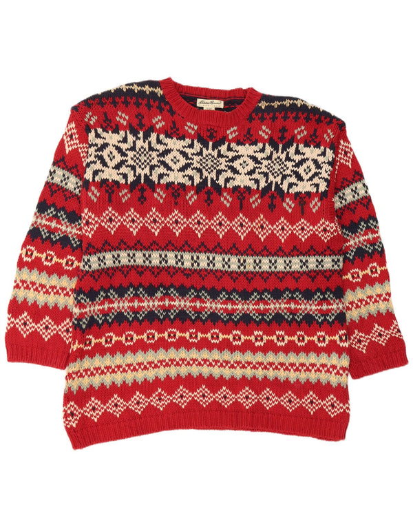 Maglione maglione girocollo da donna Eddie Bauer UK 18 XL cotone Fair Isle rosso