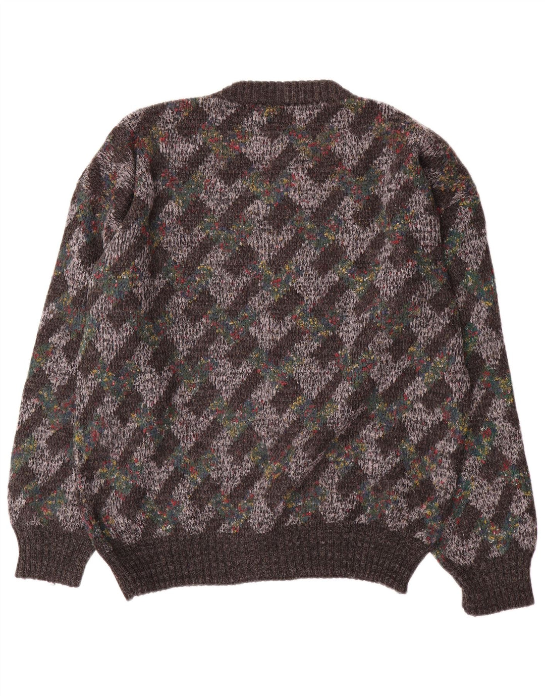 Maglione girocollo da uomo vintage, maglione grande, lana grigia a rombi/diamante