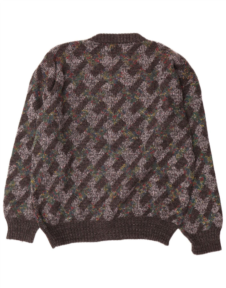 Maglione girocollo da uomo vintage, maglione grande, lana grigia a rombi/diamante