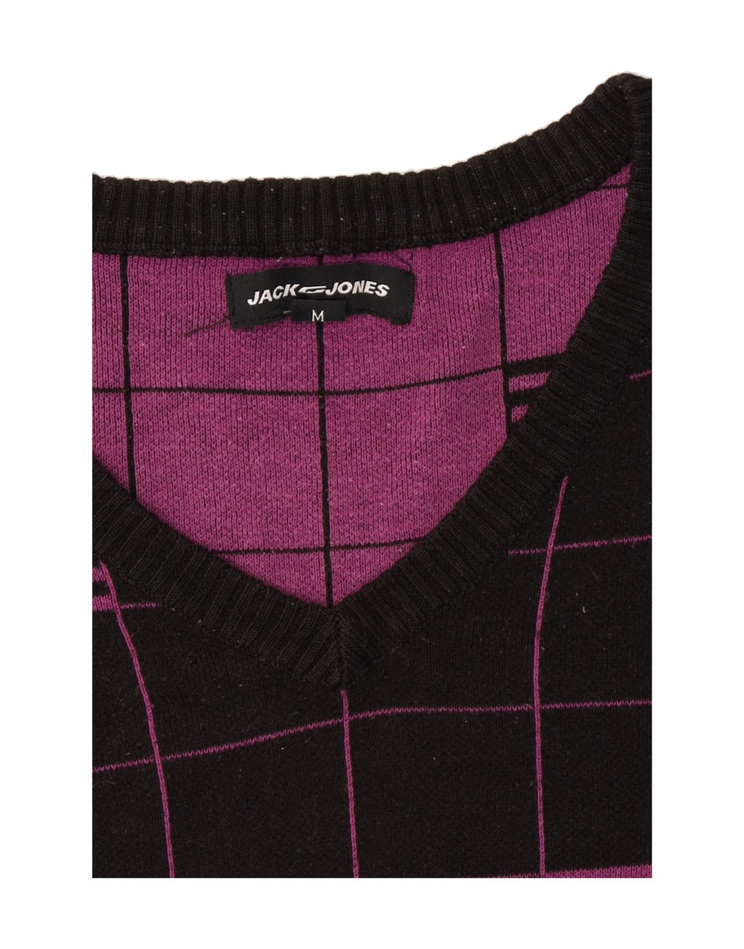 JACK & JONES Mens V-Neck Jumper Sweater Medium Black Check Acrylic Vintage Jack & Jones and Second-Hand Jack & Jones from Messina Hembry 