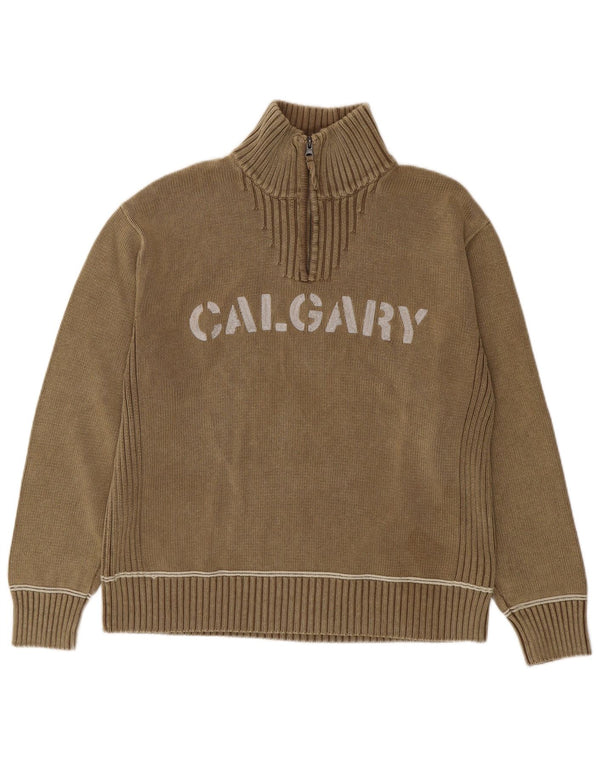 Maglione maglione con collo con zip grafica da uomo Camp David 2XL cotone marrone
