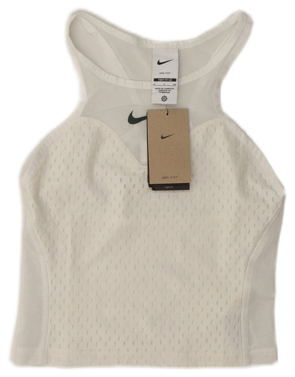Nike - Canotta corta da donna, vestibilità attillata, trasparente, taglia UK 8, piccola, in poliestere bianco