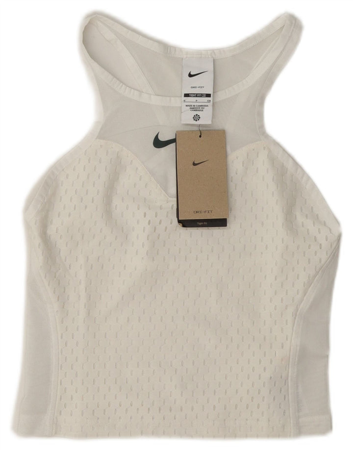 Nike - Canotta corta da donna, vestibilità attillata, trasparente, taglia UK 8, piccola, in poliestere bianco