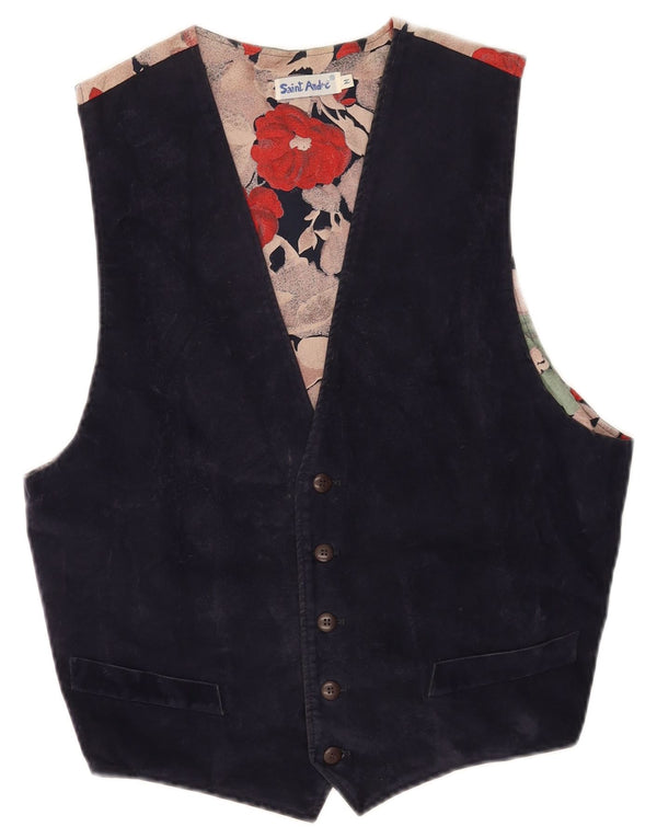 Gilet vintage da donna in pelle scamosciata UK 14 medio blu navy floreale