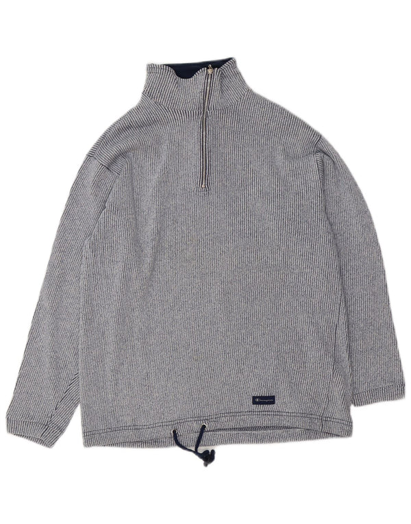 Champion Womens Zip Neck Jumper Sweater UK 14 Medium Blue Striped Cotton