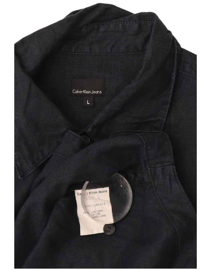 Camicia a maniche corte da uomo Calvin Klein Jeans Large in lino blu navy