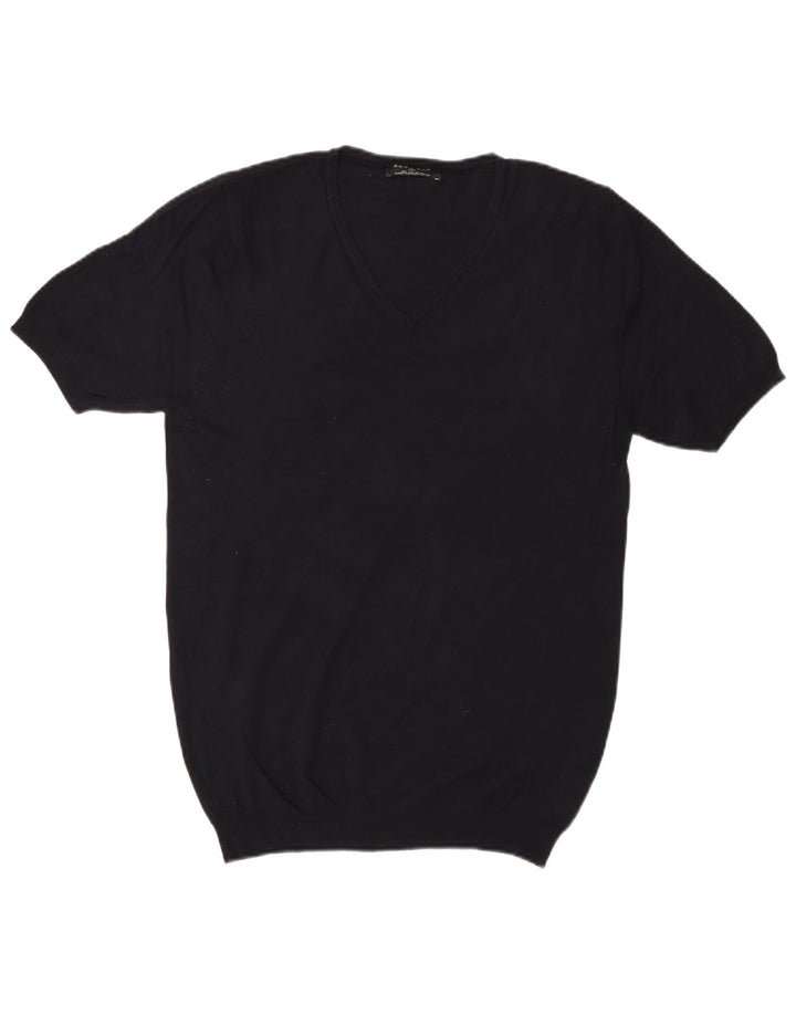 Maglione Zara da uomo basic a maniche corte con scollo a V grande in viscosa blu navy